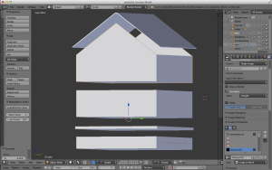 Here are my house meshes in Blender, before importing to Unity. I built them all in the same file so that the scale would match exactly, but then saved each piece in a separate file in order to simplify the importing and texturing processes.
